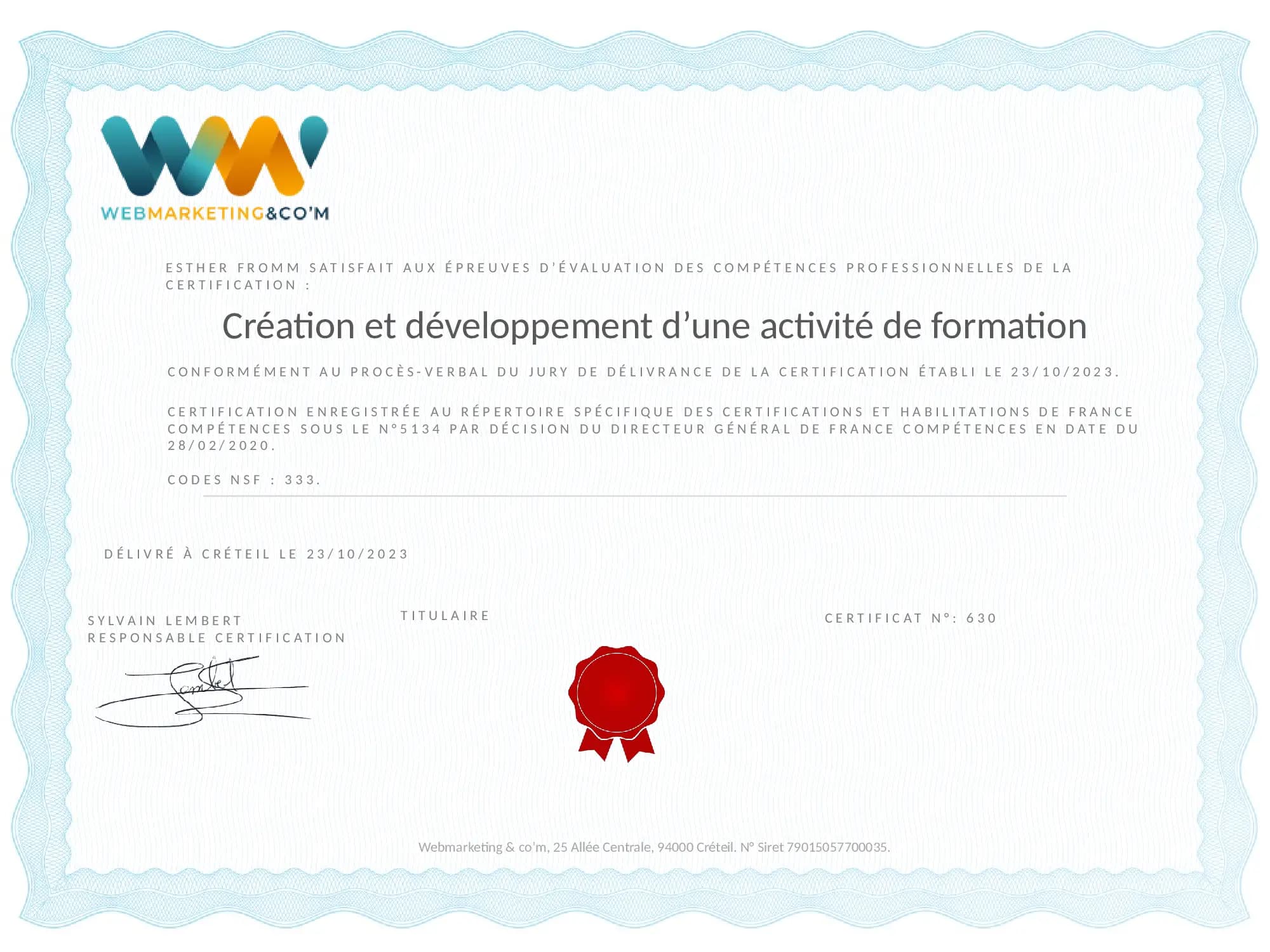 Certificat création activité de formation